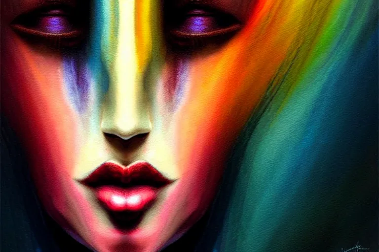 Image similar to abstract face made from narrow vertical streaks of color, fantasy, intricate, elegant, dramatic lighting, emotionally evoking symbolic metaphor, highly detailed, lifelike, photorealistic, digital painting, artstation, concept art, smooth, sharp focus, illustration, art by john collier and albert aublet and krenz cushart and artem demura and alphonse mucha