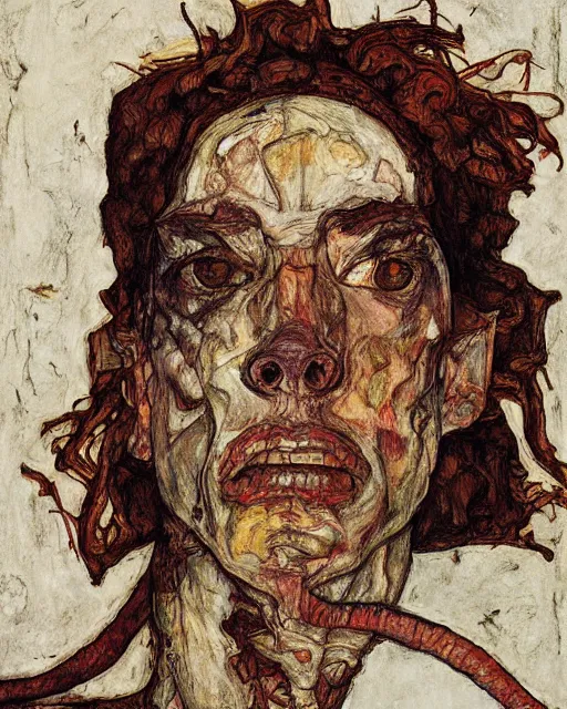 Image similar to portrait of a tyrannosaurus!!!!!!!!!!!!! by egon schiele in the style of greg rutkowski