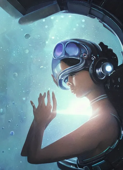 Image similar to Zoe Kravitz with short hair as a futuristic astronaut, helmet with led lights, underwater in the ocean at night, clear water, volumetric lighting, glowing lights, 4k, octane, digital painting, artstation, concept art, sharp focus, illustration, art by artgerm and greg rutkowski and alphonse mucha , wide angle view,