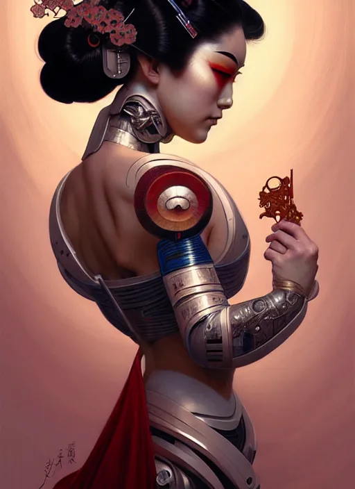 Image similar to cyborg geisha, diffuse lighting, fantasy, intricate, elegant, highly detailed, lifelike, photorealistic, digital painting, artstation, illustration, concept art, smooth, sharp focus, art by John Collier and Albert Aublet and Krenz Cushart and Artem Demura and Alphonse Mucha