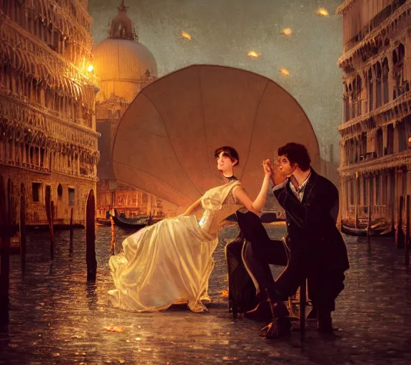 Image similar to photography of a 1 8 th couple in venice with fireworks, deep focus, intricate, elegant, highly detailed, digital painting, artstation, concept art, matte, sharp focus, illustration, art by artgerm and greg rutkowski and alphonse mucha and gil elvgren