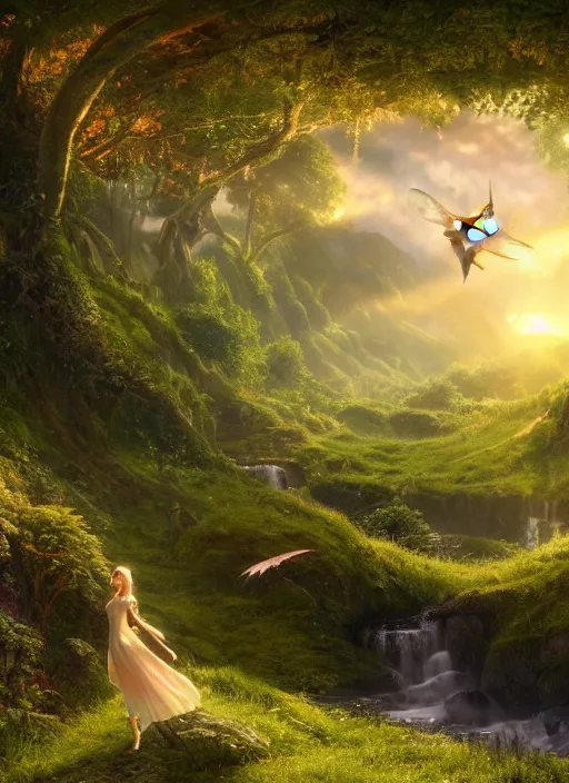 Image similar to an elegant winged fairy in the lord of the rings scenery landscape, playing in a vast lush valley flowers and mushroom structures, stream, sunrise, god's rays highly detailed, vivid color, cinematic lighting, perfect composition, 8 k, gustave dore, derek zabrocki, greg rutkowski, belsinski, octane render