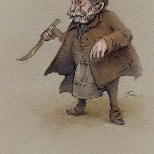 Image similar to a muted color watercolor sketch of a little person story book character by Jean-Baptiste Monge of an old man in the style of by Jean-Baptiste Monge that looks like its by Jean-Baptiste Monge and refencing Jean-Baptiste Monge
