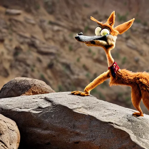 Prompt: wile e coyote eating a road runner steak on a falling boulder