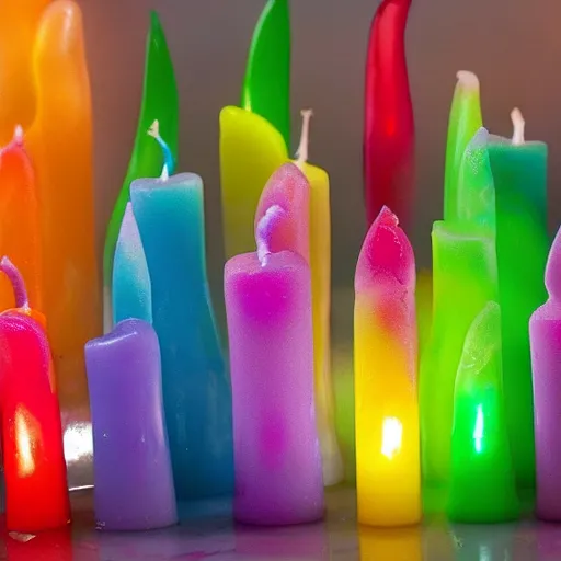 Prompt: partially melted multicolored candles with flowing, mixing wax, stalagmites of wax