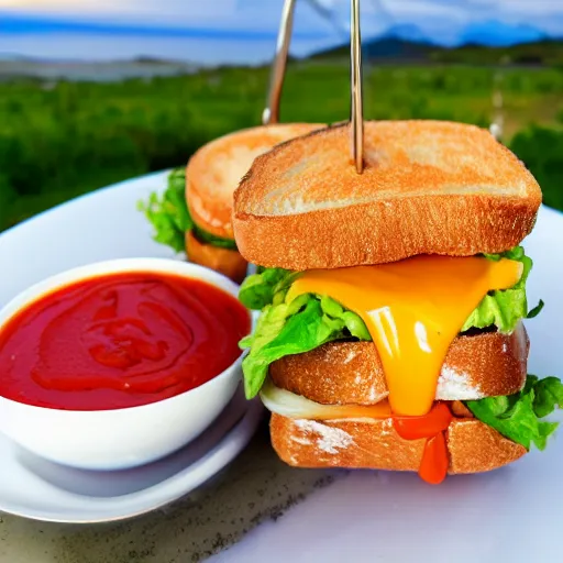 Prompt: one sandwich with fried tofu, one red tomato slice, mayonnaise, one fried onion ring, avocado, melted cheddar, over a red dish that is on a table, with a sunset and rainbow in the background with saturn and stars in the sky