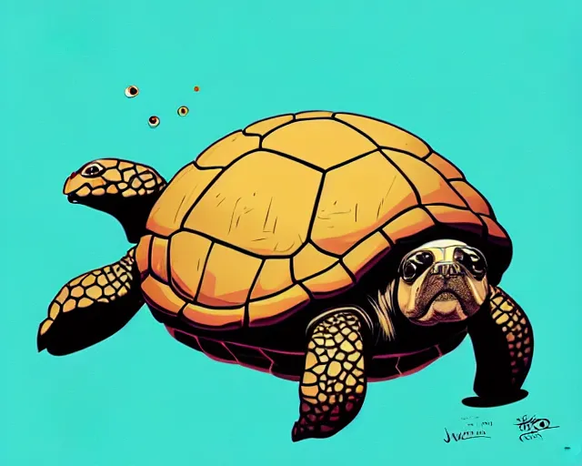 Image similar to cell shaded cartoon of an adorable turtle with a bulldog's head wearing goggles, concept art by josan gonzales and wlop, by james jean, victo ngai, david rubin, mike mignola, deviantart, art by artgem