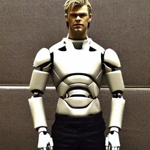 Prompt: “a realistic detailed photo of a guy who is an attractive humanoid who is half robot and half humanoid, who is a male android, Chris Hemsworth, shiny skin, posing like a statue, blank stare”