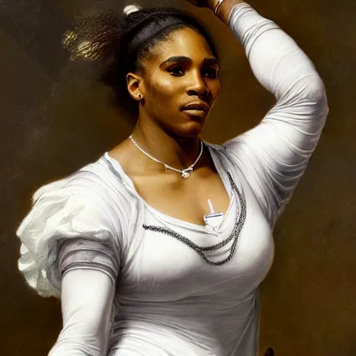 Prompt: Portrait of Serena Williams as Nike Goddess playing tennis, wings, luxuriant, dreamy, eternity, romantic, strong pose, highly detailed, in the style of Franz Xaver Winterhalter, highly detailed, in the style of Aetherpunk