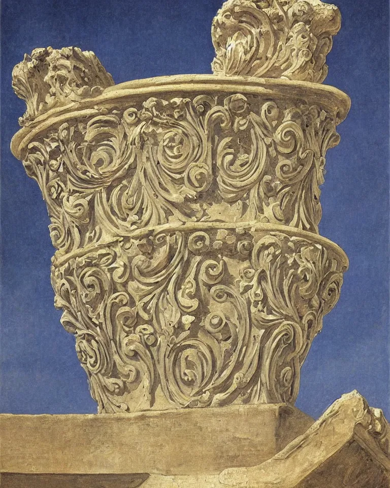 Prompt: achingly beautiful painting of intricate ancient roman corinthian capital on sapphire background by rene magritte, monet, and turner. giovanni battista piranesi.