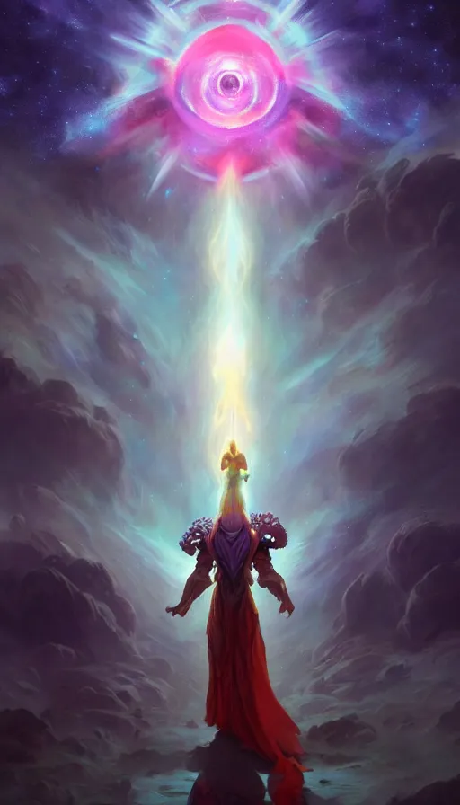 Prompt: cosmic god with a cape, epic scene, colors, holy, full body, galaxy, and, stars, atmosphere, unreal engine, pixar, video game, ethereal, insanely detailed, symmetrical, concept art, peter mohrbacher, charlie bowater, artstation, cinematic, video game, digital painting, artist maena, 4 k