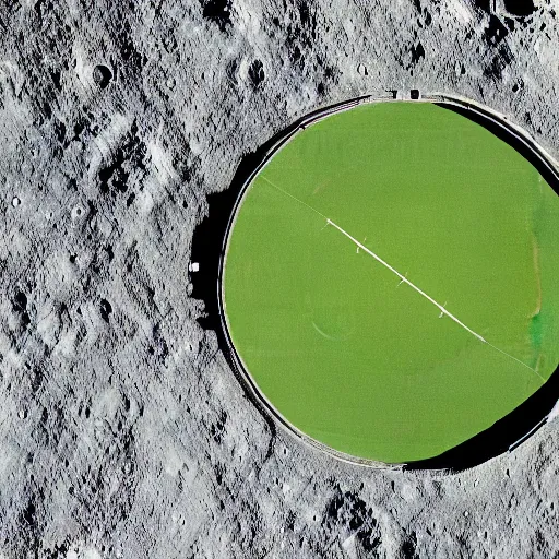 Image similar to a photography of a green soccer pitch on the moon, extreme long shot