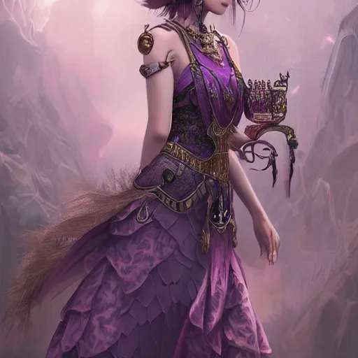 Prompt: photorealistic soft paint of absurdities and curiosities, very beautiful asian princess full long dress, ultra deep fog, purple black lustrous thin haircut, partial symmetry accurate features, focus, very intricate ultrafine details, award winning masterpiece, steampunk world, ross tran