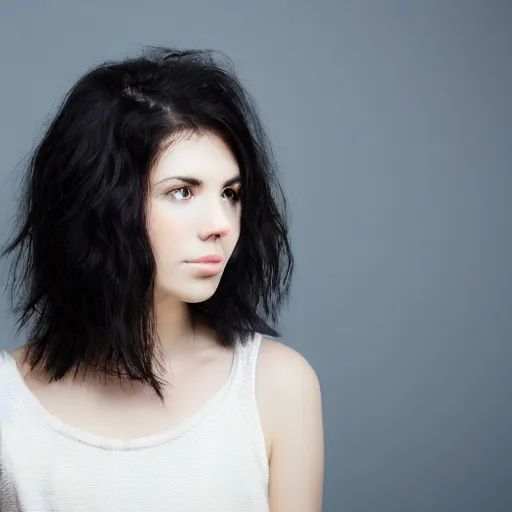 Prompt: photo of a young woman with short wavy black hair