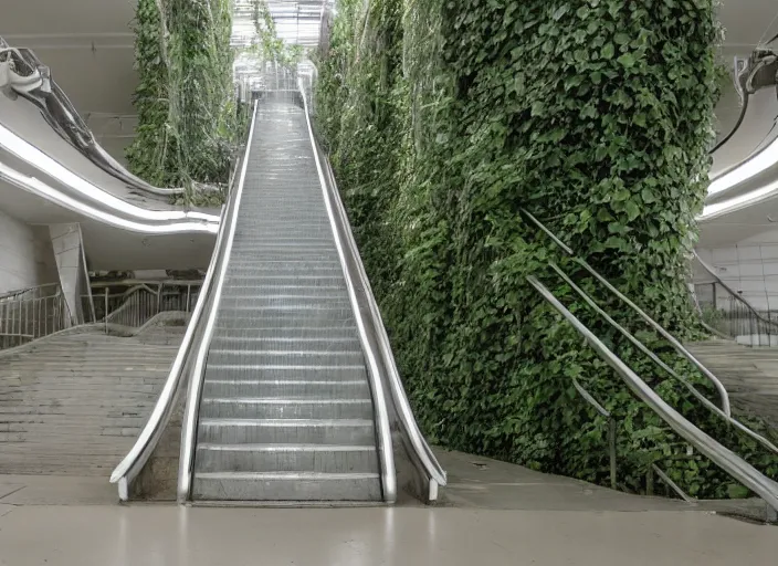Prompt: an escalator in an abandoned mall in the 1 9 8 0 s, taken over by nature, covered in vines, dream pool, white ceramic tiles