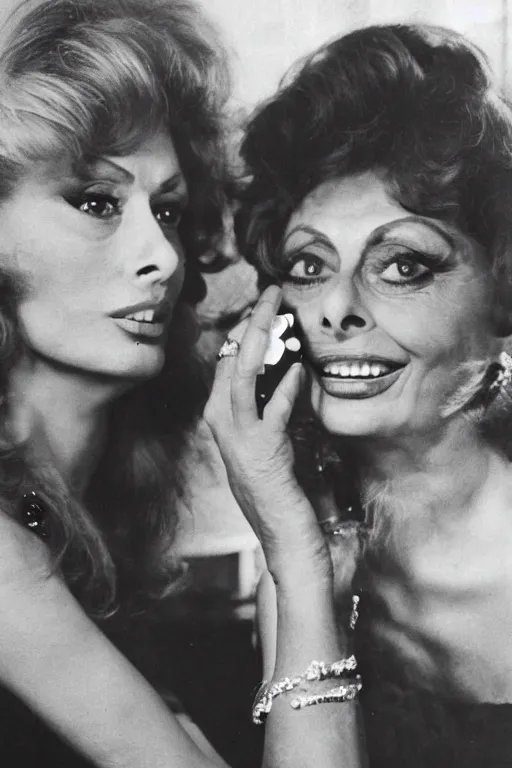 Image similar to professional studio photo of sophia loren and queen margherita ( savoy ) sharing a pizza! margherita, closeup, portrait photo, diffuse light, black and white photo, 5 0 mm, soft focus, acclaimed, masterpiece