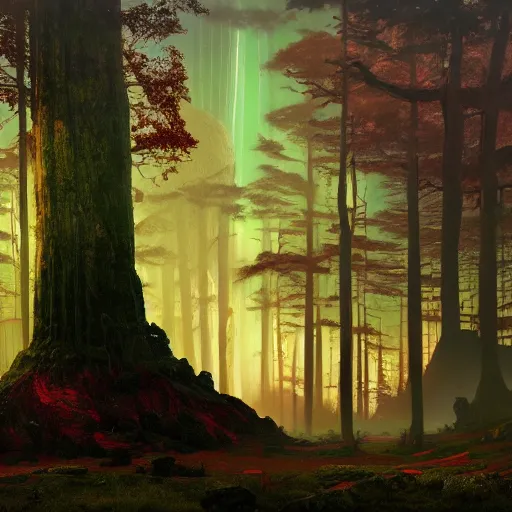 Image similar to red ancient temple, green hills, big trees, star trails, dramatic lighting, artstation, matte painting, caspar david friedrich, simon stalenhag