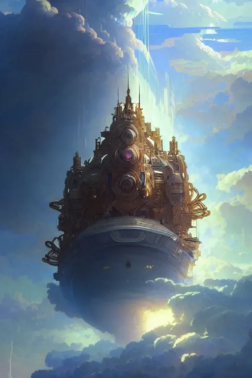 Prompt: a huge ship in the clouds high in the sky moonlight, ssci - fi and fantasy, intricate and very beautiful and elegant, highly detailed, digital painting, artstation, concept art, smooth and sharp focus, ( ( illustration, art by tian zi and wlop and alphonse mucha ) )