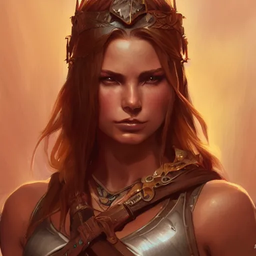 Image similar to muscular female warrior, deep focus, d & d, fantasy, intricate, elegant bikini, highly detailed, digital painting, artstation, concept art, matte, sharp focus, illustration, hearthstone, art by artgerm and greg rutkowski and alphonse mucha