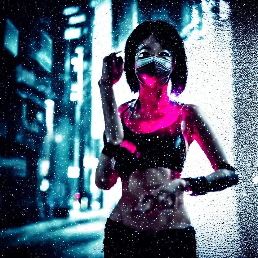 Image similar to a photo close up cyberpunk kubuki masked woman dancing in the rain, cyberpunk hiroshima, prefecture streets, midnight, photorealistic, cinematic lighting, highly detailed, bokeh, style by tomino - sama