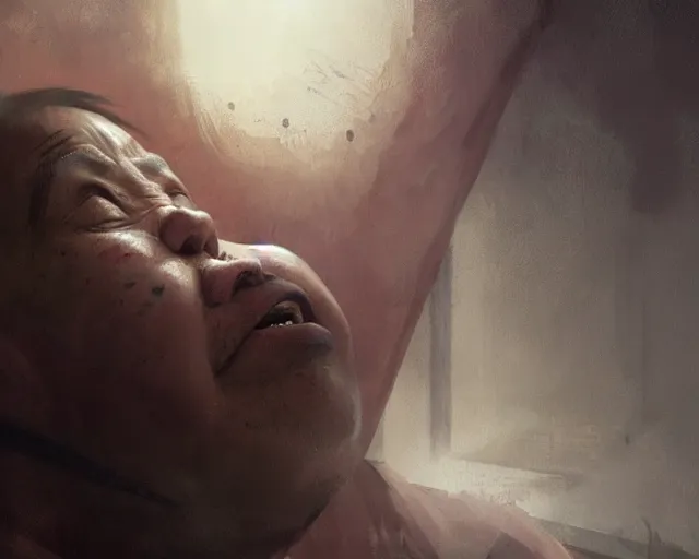 Image similar to a 50 year old brunnete chinese man with puffy cheeks bursting in tears on the floor, horror scene, dramatic, close up shot, anime art, Greg Rutkowski, studio ghibli, dramatic lighting