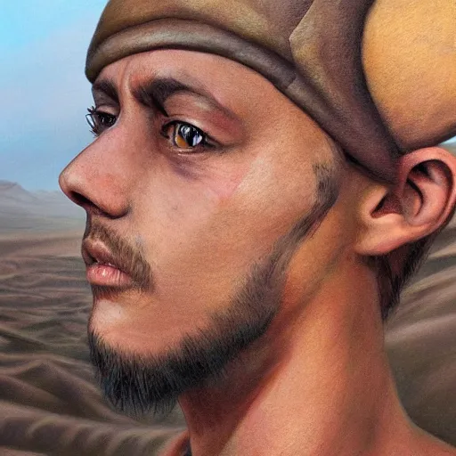 Prompt: a detailed portrait of a tan boy with a small face tattoo in the desert, fantasy art illustration, incredibly highly detailed and realistic, 8 k, sharp focus