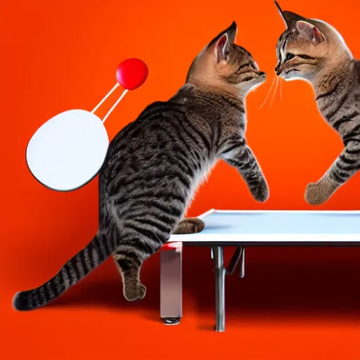 Prompt: Two cats playing ping pong on orange background