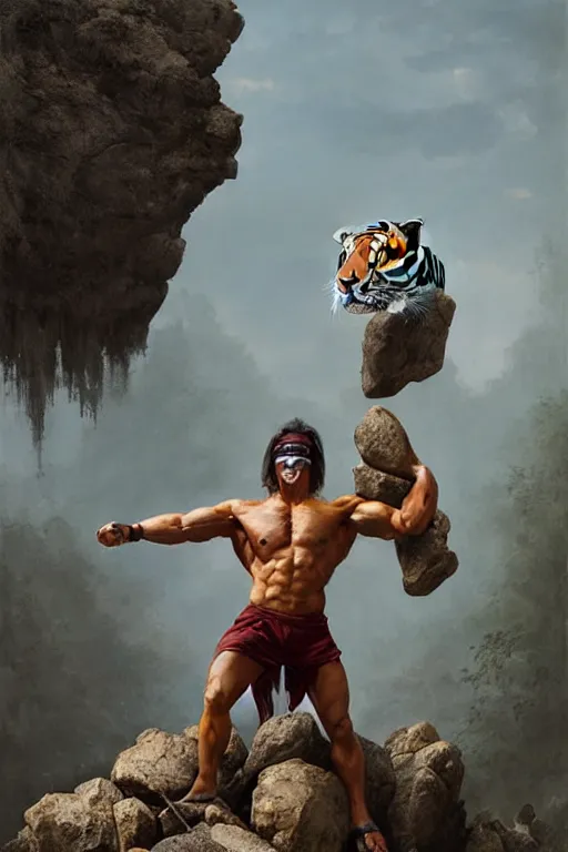 Image similar to a humanoid muscular man with a tiger mask stands on a rock by greg rutkowski, magic realism, hyper realistic, 2 0 0 mm lens