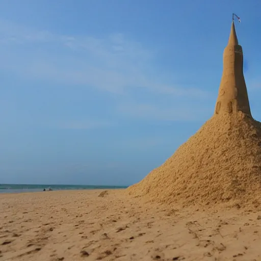 Image similar to a tower of sand on the beach that's taller than the people around it