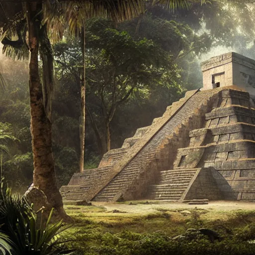 Prompt: mayan temple in the jungle, jaguar priest, by tom bagshaw, by gaston bussiere, sunlit, mist, octane render