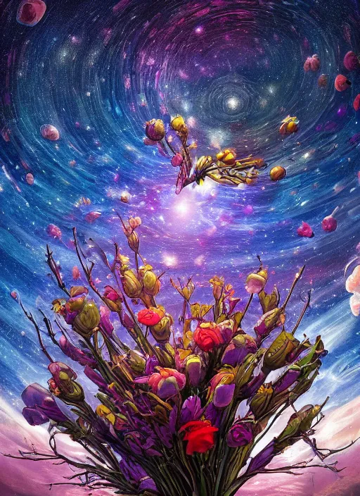 Image similar to An epic fantastic realism comic book style painting of the most beautiful entwined flowers launched across the dark and starry night sky, nebulous bouquets, fisheye lens, unreal 5, DAZ, hyperrealistic, octane render, dynamic lighting