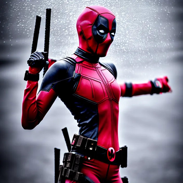 Prompt: fully body pose, photo of a very beautiful!! female deadpool victoria secret model, wet hair, raining, 8 k, hdr, smooth, sharp focus, high resolution, award - winning photo, trending on artstation, dslr, 5 0 mm