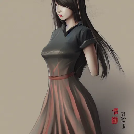 Image similar to Asian woman wearing a dress, ArtStation trending, detailed, digital art, calm colors,