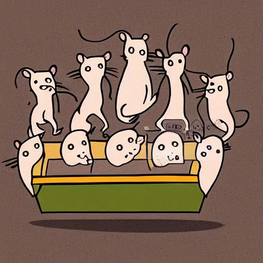 Prompt: cute cartoony illustration of a group of rats in a rat funeral, rats carrying a funeral casket, white background