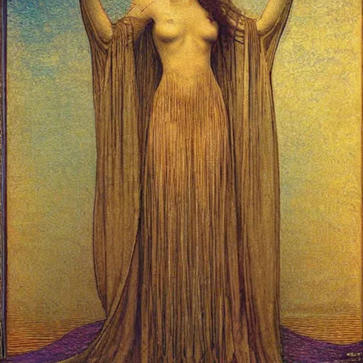 Image similar to beautiful young medieval queen by jean delville, art nouveau, symbolist, visionary, gothic, neo - gothic