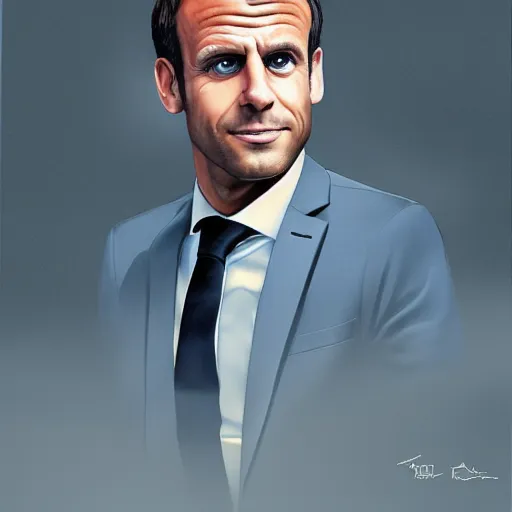 Image similar to digital art portrait of emmanuel macron with robot ears falling in the sun, 4k, sharp focus, Andreas Rocha