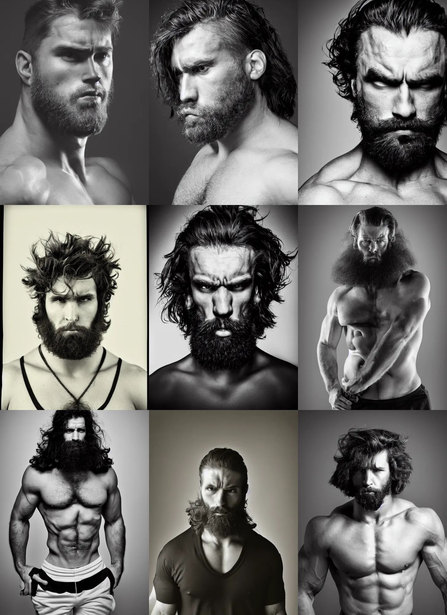 Prompt: black and white photograph of a man with an extremely large and wide jaw and perfect hair, muscular, low brow, short beard, stern expression, intimidating pose, studio lighting