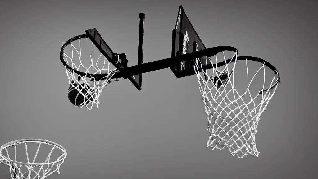 Image similar to a photograph of a basketball rebound from above the rim, in the styles of sports illustrated, a nike advertisement, and ansel adams. intricate, hyperrealistic, monochrome hdr