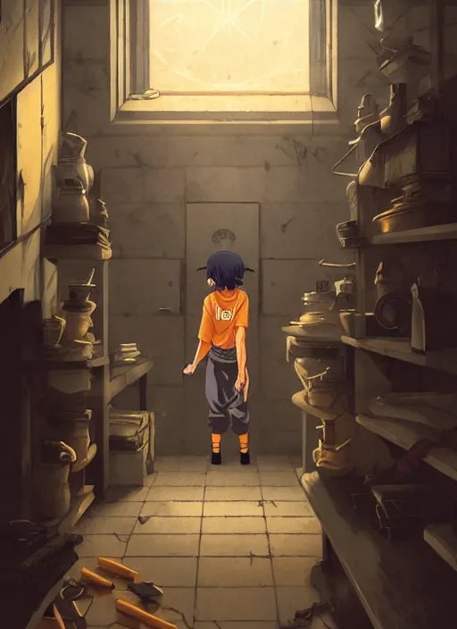 Prompt: highly detailed prison cell with naruto uzumaki with black hair, metal bars in window, powerfully punching a wall, art by greg rutkowski, loish, rhads, ferdinand knab, makoto shinkai and lois van baarle, ilya kuvshinov, rossdraws, tom bagshaw, global illumination, radiant light, detailed and intricate environment