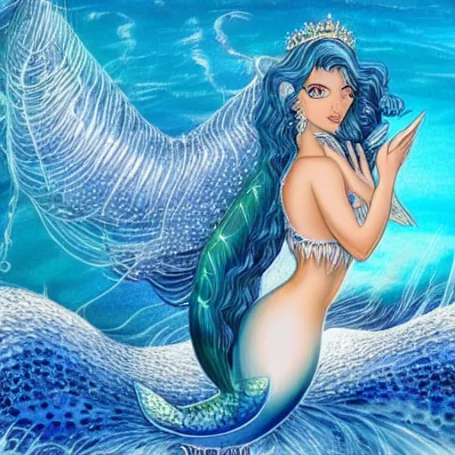 Image similar to an extremely realistic portrait of a fantastic real mermaid with an ultra perfect and ultra detailed wild face with beautiful, ultra detailed wild blue eyes a fantastic crown of diamons and a diamond dust glitter and sparkles tail, swimming in a beautiful blue ocean