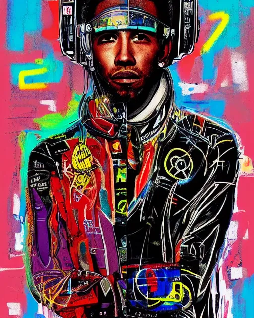 Prompt: a cyberpunk portrait of a lewis hamilton by jean - michel basquiat, by hayao miyazaki by artgerm, highly detailed, sacred geometry, mathematics, snake, geometry, cyberpunk, vibrant, water