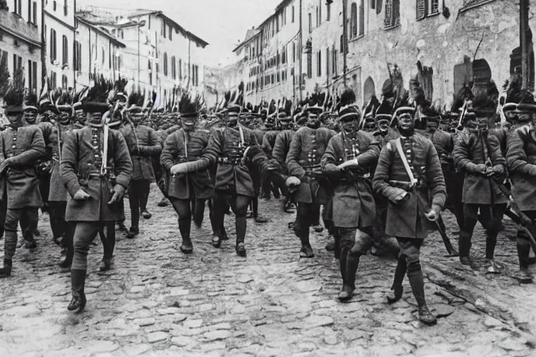 Image similar to occupying army marching through italian - style city, 1 9 0 5, black and white photography