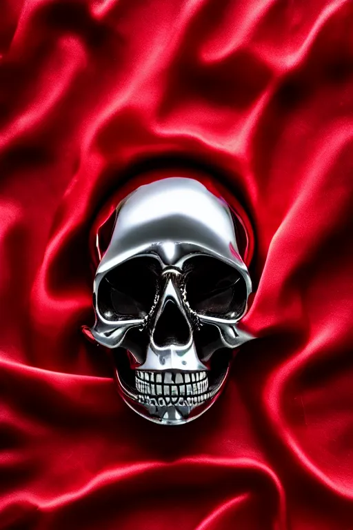 Image similar to chrome cyclops skull statue layed on a red silk fabric, by hedi xandt and antonio corradini, macabre art, dark surrealism, epic and cinematic view, volummetric light, texturized, detailed, 8 k