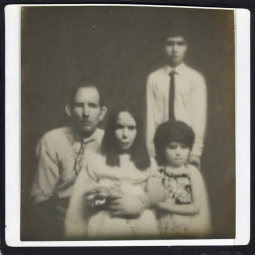 Image similar to old polaroid of a haunted family, hd photo, black and white