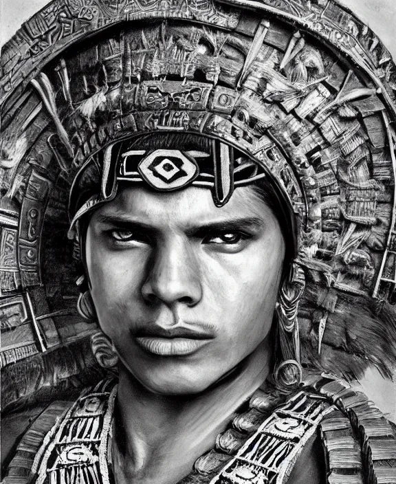 Prompt: portrait of a handsome young aztec warrior in old tenochtitaln, art by denys tsiperko and bogdan rezunenko, hyperrealism