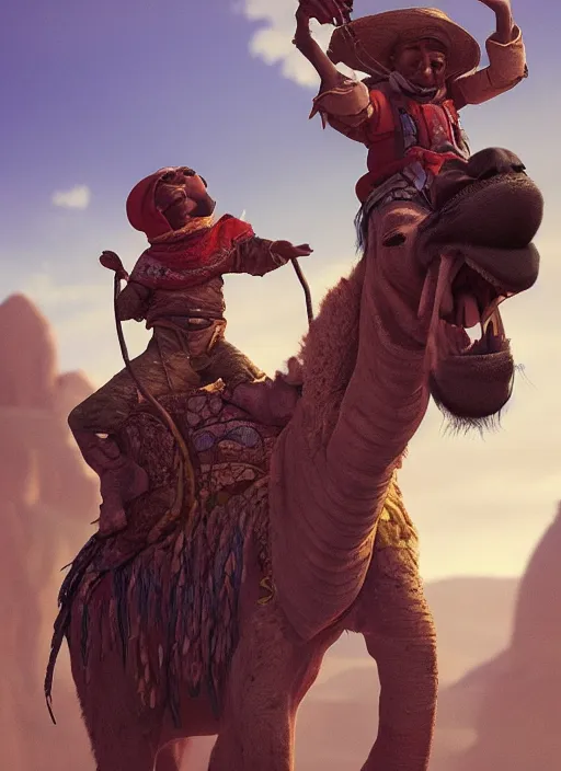 Prompt: portrait of a goblin as an arab riding a camel, trending in artstation, cinematic lighting, studio quality, smooth render, unreal engine 5 rendered, octane rendered, art style by klimt and nixeu and ian sprigger and wlop and krenz cushart.