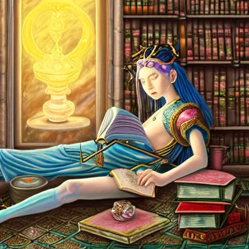 Image similar to a highly detailed fantasy pastel painting of a young wizard in ornate clothing lounging on a purpur pillow on the marble floor in front of her bookcase, studying an ancient tome. to the side is a potted plant and some blue candles. ancient oriental retrofuturistic setting. 4 k key art in the style yoshitaka amano and mark tedin