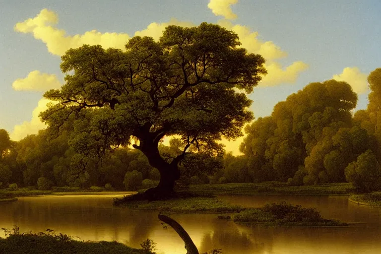 Prompt: painting of a old tree next to a meandering river by martin johnson heade