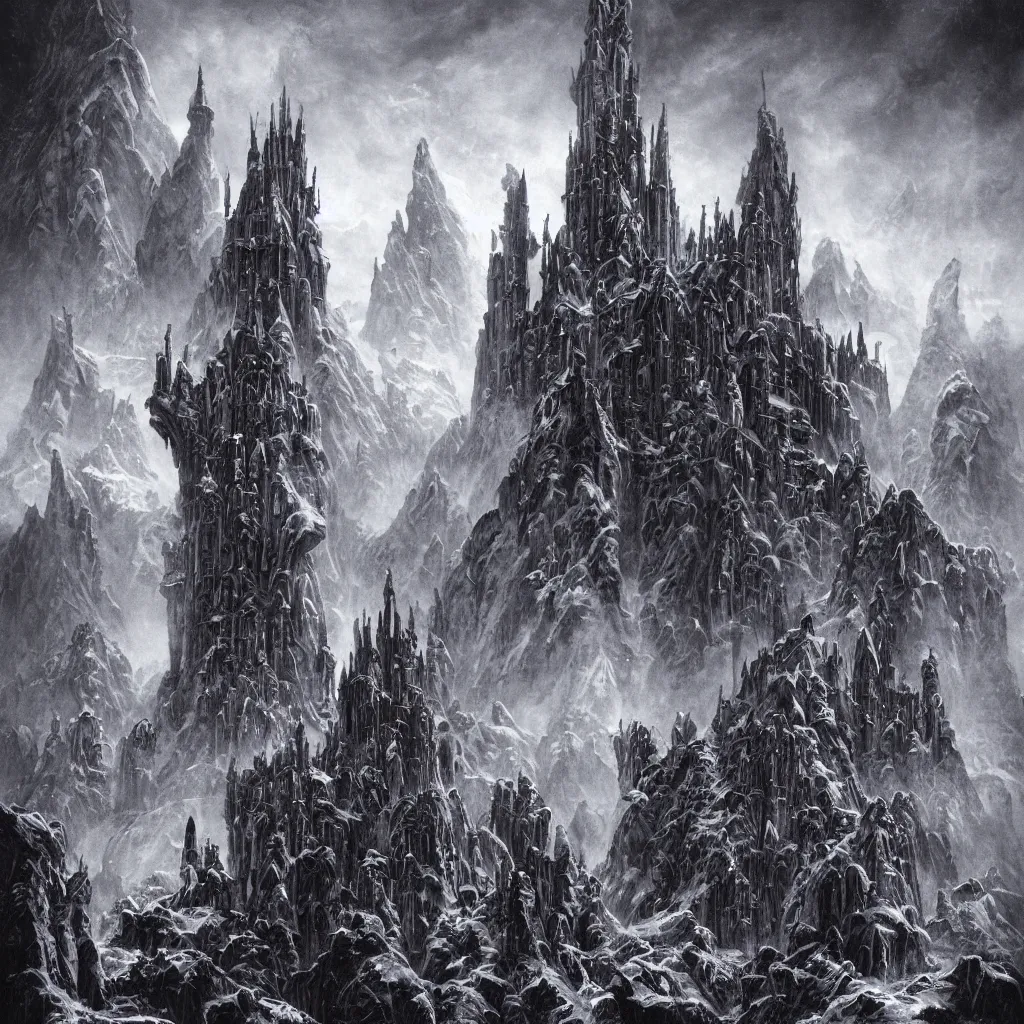 Image similar to dark medieval alien castles, grotesque towers and odd structures forming an ancient and powerful cityscape in the mountains of antarctica, upward cinematic angle, by rodney matthews, michael kaluta, and john byrne, fantasy art, intense atmosphere, stark winter night aesthetics, stunning composition, alien faces, monstrous statues, intricate, strange, ornate, digital art, hyperdetailed, colorful hyperrealism, photorealism, 8k