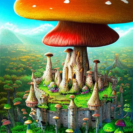 Image similar to mushroom castle, ultra detailed painting at 1 6 k resolution and epic visuals. epically beautiful image. amazing effect, image looks crazily crisp as far as it's visual fidelity goes, absolutely outstanding. vivid clarity. ultra. iridescent. mind - breaking. mega - beautiful pencil shadowing. beautiful face. ultra high definition, range murata and artgerm